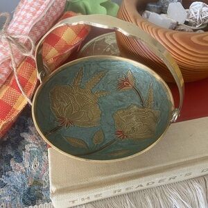 Brass Pedestal Trinket Basket with Painted Floral Interior